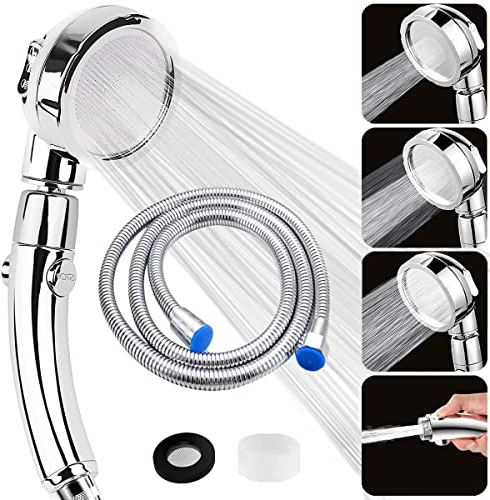 Shower Head and Hose 2m, High Pressure Shower Heads with Stop Button, Universal Handheld Shower with 3 Spray Modes, Water Saving Shower Head 360° Rotating for Adults Children Pets Home, Chrome