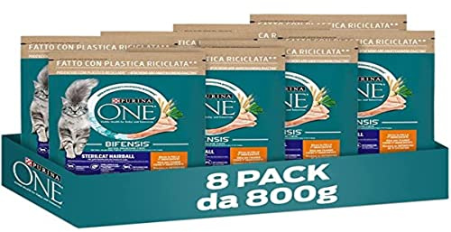 Purina One Bifensis Crocchette Gatto Sterilcat Hairball, 8 Confezioni da 800 g