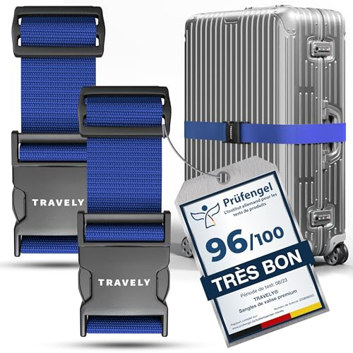Travely® Cinghia per valigia di alta qualità, accattivante e sicura, con 2 targhette per nome, nastro per bagagli sulla croce, set da 2 pezzi, blu navy