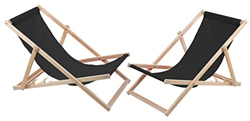 WOODOK 2-er Liegestuhl Set aus Buchholz Strandstuhl zur Selbstmontage Sonnenliege Gartenliege für Strand, Garten, Balkon und Terrasse Liege Klappbar bis 120kg (Schwarz)