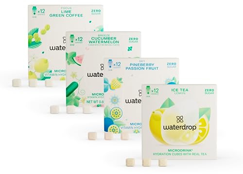 waterdrop® Tropische Früchte Set – 48 Waterdrop Würfel in 4 verschiedenen Sorten – Zuckerfreier Durstlöscher & Alternative zu Getränkesirup und Geschmackspulver – Flavour Drops im Wasser auflösen