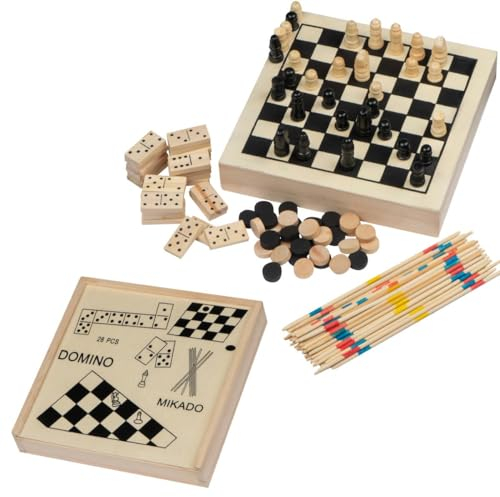 Spieleset in einer Holzbox mit Schach, Mikado, Dame, Domino