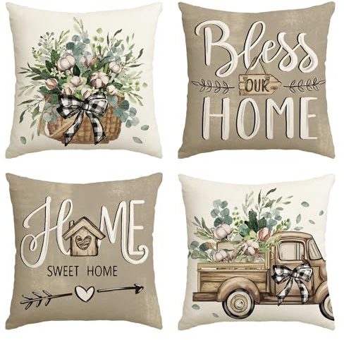 AVOIN colorlife Bless Our Home Farmhouse Eucalyptus Leaves Throw Pillow Covers, 18 x 18 Inch Truck Home Sweet Home Cushion Case Decorations Set of 4