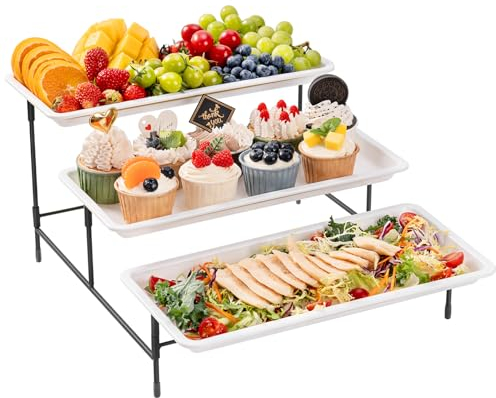 Bandeja de Servicio de plástico de 3 Niveles Lifewit para Fiestas, Platos de exhibición de Alimentos de 36×17cm, bandejas Reutilizables con Soporte de Metal Plegable y Estable para Alimentos, Negro.