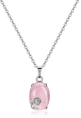 Jovivi Collier Femme Pendentif Quartz Rose Pierre Naturelle Ovale avec Déco Petit Fleur Collier Femme Fille Cadeau Mère Valentine Amitié BBF