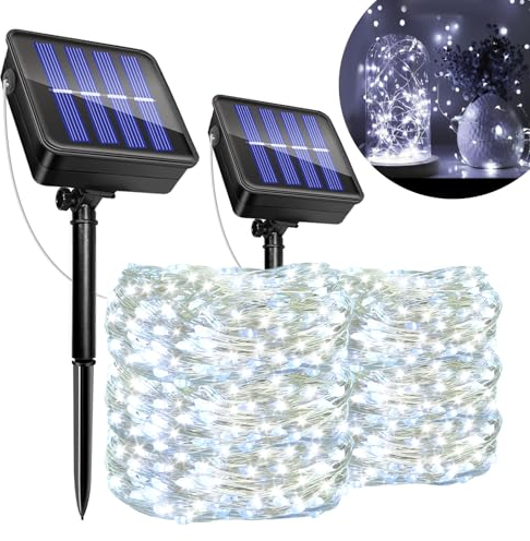 Caldarax 2 Pezzi Luci Solari Esterno, 12M+2M 120LED Catena Luminosa Esterno Solare, 8 Modalità, IP65 Impermeabile Filo di Rame, Decorazione per Giardino, Cortile, Patio, Albero, Natale(Bianco Freddo)