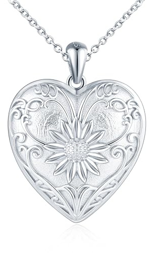Cuore Portafoto Medaglione Collana Argento 925 Donna: Fiore di Sole Collana di Foto Bellissimo-Ciondolo Portafoto Collane Amuleto Gioielli-Compleanno Anniversario Natale Regali per Lei Argento