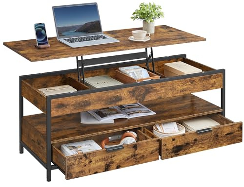 VASAGLE Mesa de Centro Elevable, Mesa de Salón, con Cajones de Almacenamiento, Compartimentos Ocultos y Estante Abierto, 50 x 120 cm, Marrón Rústico y Negro Tinta LCT252K01