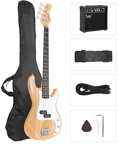 Bonnlo Electric Bass Guitar Kit for Beginners, Full Size 4/4 Bass with 20W amplifier and Bag, Cable, Strap, Stand，Strings, Maple Body, Ideal Starter Set for New Musicians and Learners, Natural