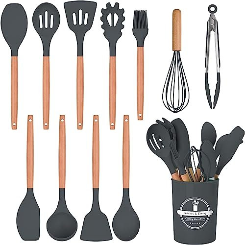 Ustensiles de cuisine silicone 12 pieces, Résistante à Chaleur, avec Manche en Bois, Cuisine Antiadhésive Set, Ensemble de Cuisine avec Pot de Rangement