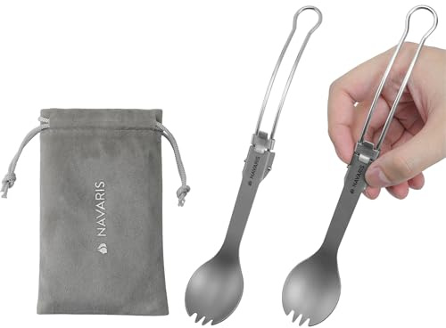 Navaris 2x Titan Göffel mit langem Griff - Essbesteck Löffel Set klappbar aus Titan und Edelstahl - 2er Set Camping Outdoor Spork Besteck zum Ausklappen