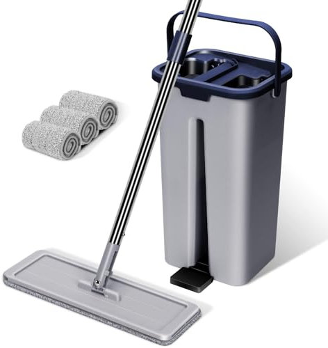 Set Mocio Lavapavimenti con Secchio,Masthome Mocio Pavimenti Rotante a 360° e Secchio Strizzatore,Mop Piatto Professionale,con 3 Tamponi Riutilizzabili,Per La Pulizia dei Pavimenti,Grigio+Blu