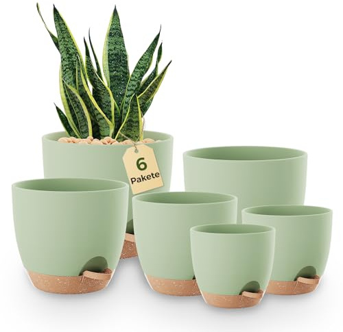 Bamworld Macetas Autorriego de Interior, Tiesto de Plástico con Base Integrada, Pack de 6 (20/18/17/15/14/13 cm), para Cocina, Balcón, Jardín y Vivero Interior macetas Verde