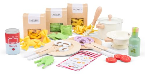 Woet® – Cibo Giocattolo Pasta Set in Legno per Bambini – Alimenti Giocattolo con Pentole, Padelle e Pasta in Feltro – Giocattolo di Imitazione – A Partire da 3 Anni – Regalo per Bambini e Bambine