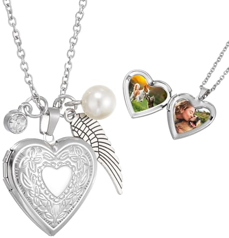 sourcing map Collana con medaglione a forma di cuore da donna, con medaglione floreale inciso, ciondolo a forma di cuore che tiene foto con pietra portafortuna, ala, perla e confezione regalo per
