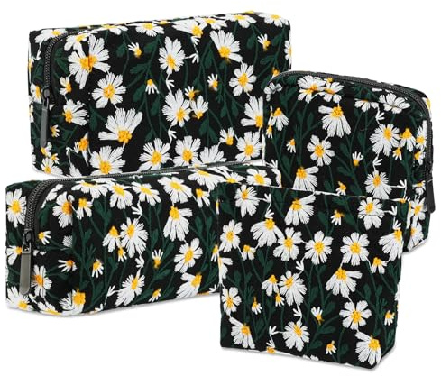 Mulaibdin Lot de 4 Trousse de Toilette Femme, Petite Trousse Maquillage Voyage, Marguerite Pochette Maquillage Fille, Pochette Serviette Hygiénique, Pochettes Tissu Zippée pour Cadeau (Noir)