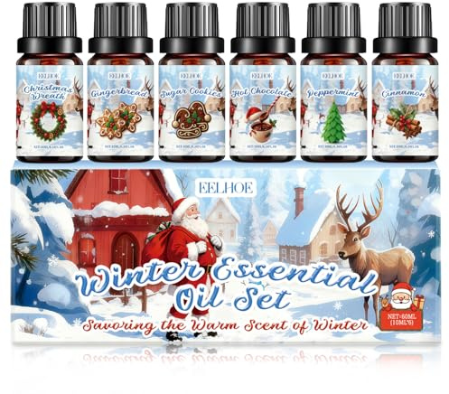 Juego de aceites esenciales de invierno, 6 x 10 ml, aceites esenciales de aromaterapia, aceites esenciales para difusor, corona de Navidad, pan de jengibre, galletas de azúcar, menta, canela