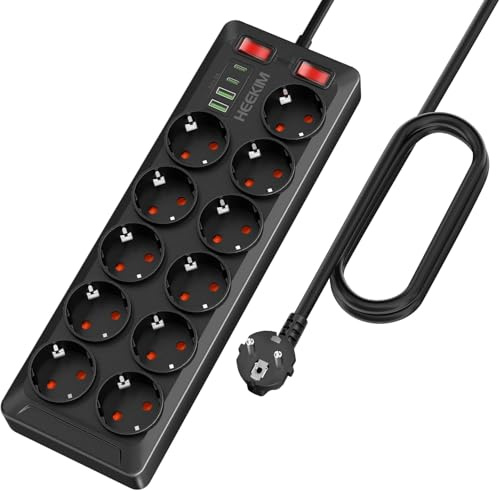 Steckdosenleiste mit USB, 11 Fach Mehrfachsteckdose mit Schalter 2 USB-A und 2 USB-C Ports, 4000W 16A, Steckdosenleiste mit 2 Schaltern für Haus, Schule, Büro (Schwarz, 3M Kabel)