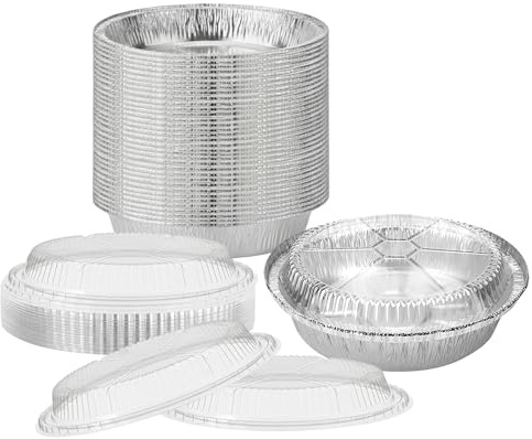 TENLITE (Pack of 50 - Round Aluminium Foil Pans with Clear Dome Lids – Premium Disposable Pie & Baking Trays, Oven-Safe Containers for Roasting, Meal Prep, Takeaway, Party & Catering - (9inch)