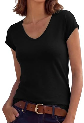 Leversic Womens V Neck T Shirt Summer Tops Short Sleeve Plain Slim-Regular Fit Casual Blouse Soft Ladies Tunic Basic Tee(Black,XL)