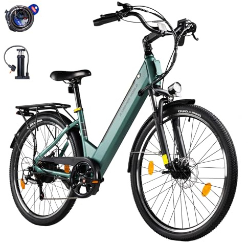 VDL Vélo électrique 26 vert pour homme et femme, batterie 48 V 10,4 Ah, 7 vitesses, freins à disque, lumière LED, fourche suspendue, vélo électrique de ville 25 km/h pour les déplacements
