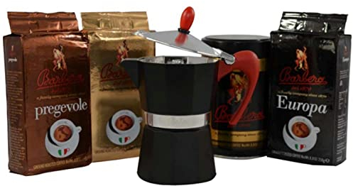 Caffè Barbera - Moka da 3 Tazze - Caffettiera Classica + Kit di Caffè Macinato 1kg - Pregevole, Barbera, Can, Europa (4x250g) – Idea Regalo