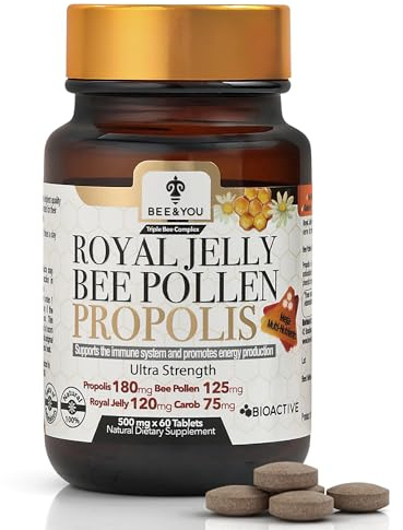 Bee and You Royal Jelly Tablets with Propolis Extract, Bee Pollen, Vitamins and Minerals Supplement, Daily Immune and Energy Support, Gluten Free, 60 Count
