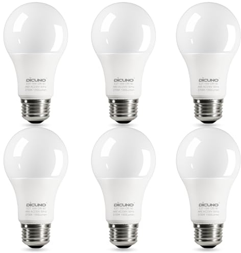 DiCUNO 15W E27 LED Lampe, Super hell ersetzt 100W, 2700K Warmweiß, 1350lm, A60 Matt Edisonbirne, CRI 90, 220° Abstrahlwinkel, flimmerfrei, nicht dimmbar, 230V Energiesparlampe, 6er Pack