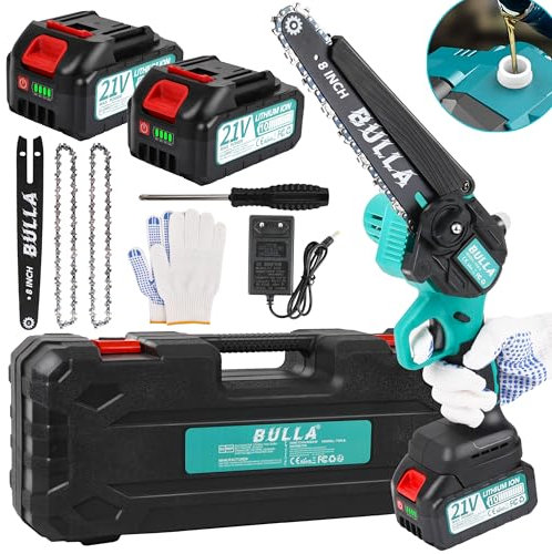 Mini Motosega a Batteria da 8 Pollici, Motosega a Batteria con Motore Brushless e 2 Batterie da 4000mAh, per Potatura, Taglio Legna e Cura del Giardino