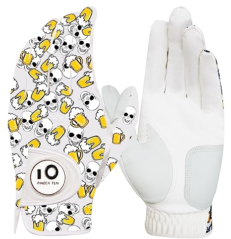 FINGER TEN golfhandskar herr vänster höger hand läder med bollmarkör sommar, golfhandskar män Weathersof premiumkvalitet mjuk komfort (grå/gul, M-L, vänster)