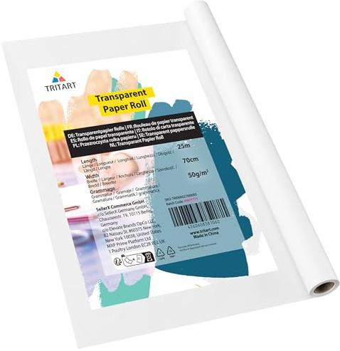 Tritart Rouleau de Papier Calque 25m x 70cm - Papier Transparent 50g/m² pour Patron Couture, Dessin, Croquis, Architecture - 1 Rouleau de 25m x 70cm