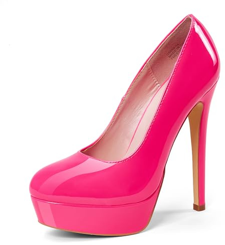 GENSHUO Plataforma Bombas Stilettos Tacones Sexy Bombas Tacones Altos para Mujeres Punta Redonda Fiesta Club Boda Zapatos de Graduación, Rosa Fluorescente, 38 EU