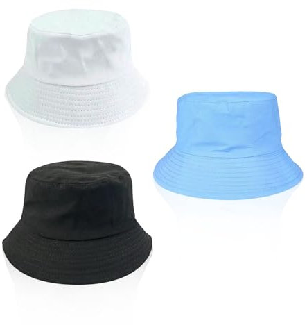 ROOMHUAWAY 3 Stück Fischerhut, Fisherman's Hat, Fischerhut Herren, 56-58cm Faltbarer Eimer-Hut Anglerhut, Baumwolle füR für Camping Reisen Wandern (Schwarz, Weiß, Blau)