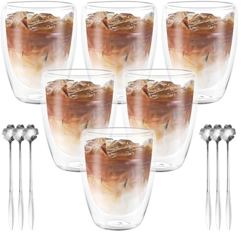 GBACHOOSE Juego de 6 vasos para latte macchiato, 350 ml, doble pared con 6 flores de cerezo, cucharas largas, vasos de café de doble pared, vasos de capuchino, café, té, latte