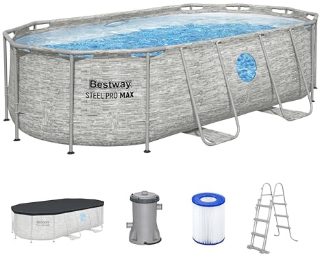 Bestway Power Steel Swim Vista Series Frame Pool Komplett-Set mit Filterpumpe 427 x 250 x 100 cm, Steinwand-Optik (Cremegrau), oval