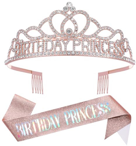 Birthday Tiara for Women, Birthday Princess Sash and Crown Set, Glitter Rhinestone Birthday Tiara, Birthday Sashes Crystal Birthday Crown for Girls Birth Costume Gifts Party Favors (Rose Gold)
