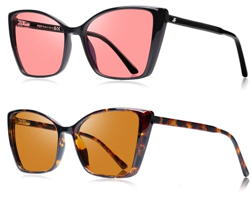 JFXQDR Women's 2 Pack Indoor Fluorescent-41 Rose & Outdoor Fluorescent-60 Brown Cat Eye Tinted Blue Light Blocking Glasses for Migraine, Light Sensitivity, Photophobia LED Gaming Computer Screen Glare