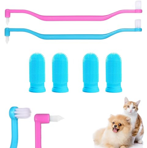 2Pcs Small Dog Toothbrush and 4Pcs Cat Finger Toothbrush, Reusable Flexible Cat Tooth Brush (Blue, Pink)