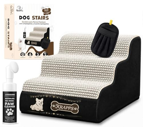 KRAPPS Escalera para Perros Pequeños o Mayores con Limpiapatas y 1 Guante Quita Pelos - Rampa para Perros, Escalera Perro, Rampa Perro, Dog Ramp, Escaleras para Camas, Escada para Caes