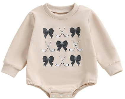 VSQWLZT Newborn Infant Baby Girl Game Day Outfit Bows Hockey Onesie One Piece Long Sleeve Romper Winter Clothes (Apricot, 0-3 Months)