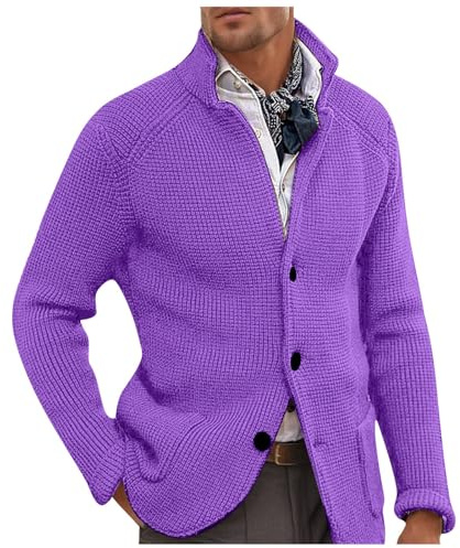 Generisch Cardigan traditionnel pour homme - Cardigan à boutons - Pull en tricot épais - Pull d'extérieur - Pull classique - Veste d'hiver douce et chaude, lilas, XL