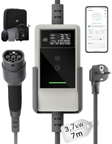 dé 3,7 kW elbilsladdare med app white [7 m, 6–16 A] schuko laddkabel för elbil med väggfäste, digital LCD-laddare av typ 2, kompatibel med E-208, Model Y, E-Tech och andra elbilar med hybridteknik | Plug and Play med LCD-skärm, IP66 och DDR typ A 30 mA AC+ 6 mA DC, elbilladdningskabel, för EV/PHEV, vit