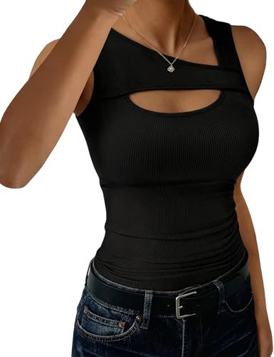 Aottori Canotta Donna con Scollo Asimmetrico Tank Top Elegante Slim Fit Basic Canottiera Spalla Larga a Coste T-Shirt Senza Maniche Aderente Sexy Nero M