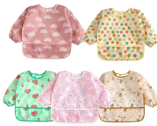 ONGNIUU Bavaglini con maniche impermeabili (5 pezzi) con tasca Capta-briciole per neonati 6-24 mesi - Baby a maniche lunghe, morbido, regolabile, facile da pulire, adorabili disegni di animali