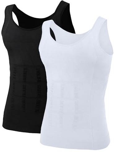 TOPTIE Män bantning kroppsformare kompressionströja formkläder skulptering väst muskel tank, 2-pack svart/vit, S