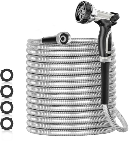 SPECILITE 25ft 304 Stainless Steel Garden Hose Metal, Heavy Duty Water Pipe with Nozzles for Yard, Outdoor - Flexible, Never Kink & Tangle, Puncture Resistant (Sliver)