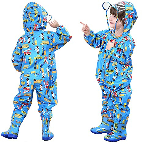 FILOWA Kids Puddle Suit Boys Waterproof All in One Rainsuit Hooded Raincoat Blue Lightweight Portable Breathable Rainwear PVC Brim Zipper Muddy Suit for Children 5-7 Years