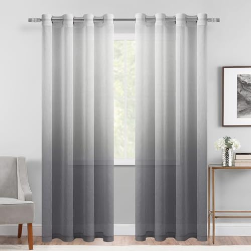 DWCN Cortinas traslúcidas de Lino sintético Color Gris Degradado, Cortinas semitransparentes de Gasa con Ojales en la Parte Superior para Dormitorio y Sala de Estar, Juego de 2 Paneles, 52 x 84