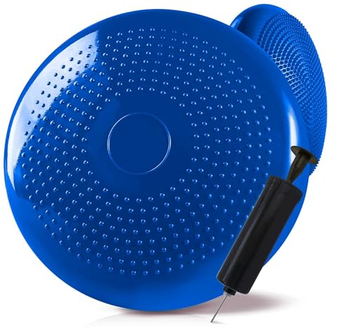 OcioDual Cojin Equilibrio Azul, Wobble Cushion, Cojin de Equilibrio, Cojín Oscilante para entrenamiento de Core, Propiocepción, Agilidad, Superficie PVC con Inflador Manual
