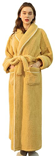 LOCIIXAT Fluffy Dressing Gown For Women, Soft Warm Teddy Fleece Bathrobe Long Cosy Women's Robe (Yellow 14-18)